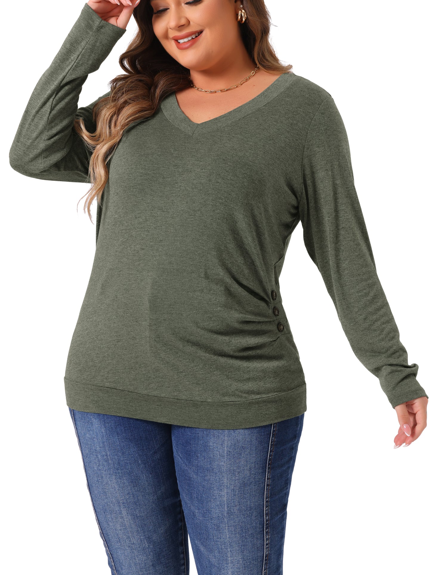 Women Plus Size Tunic Tops V Neck Long Sleeve Buttons Decor Ruched Casual Pullover