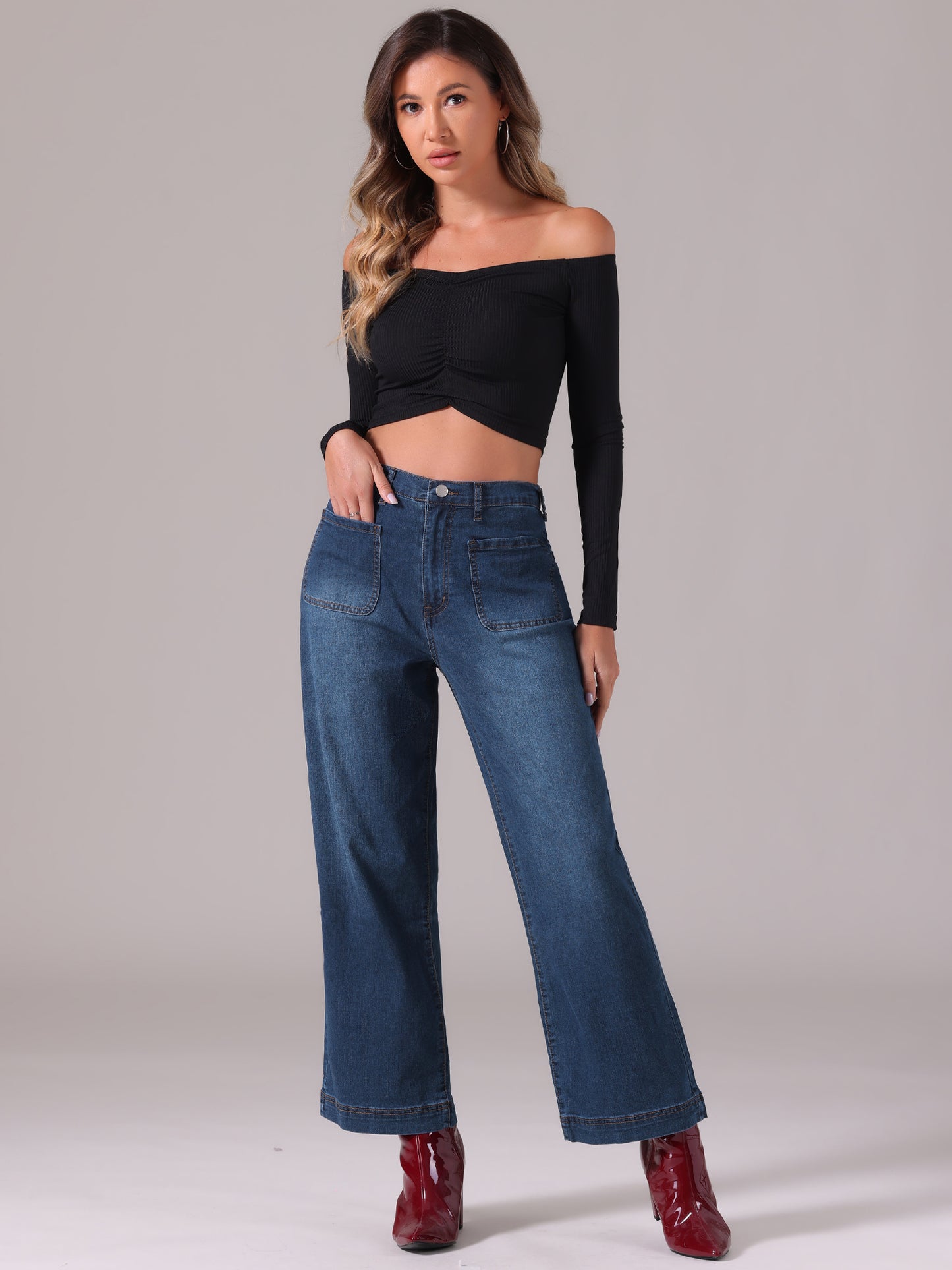 Pantalones vaqueros de pierna ancha para mujer, de cintura alta, elásticos, rectos y holgados con botones.