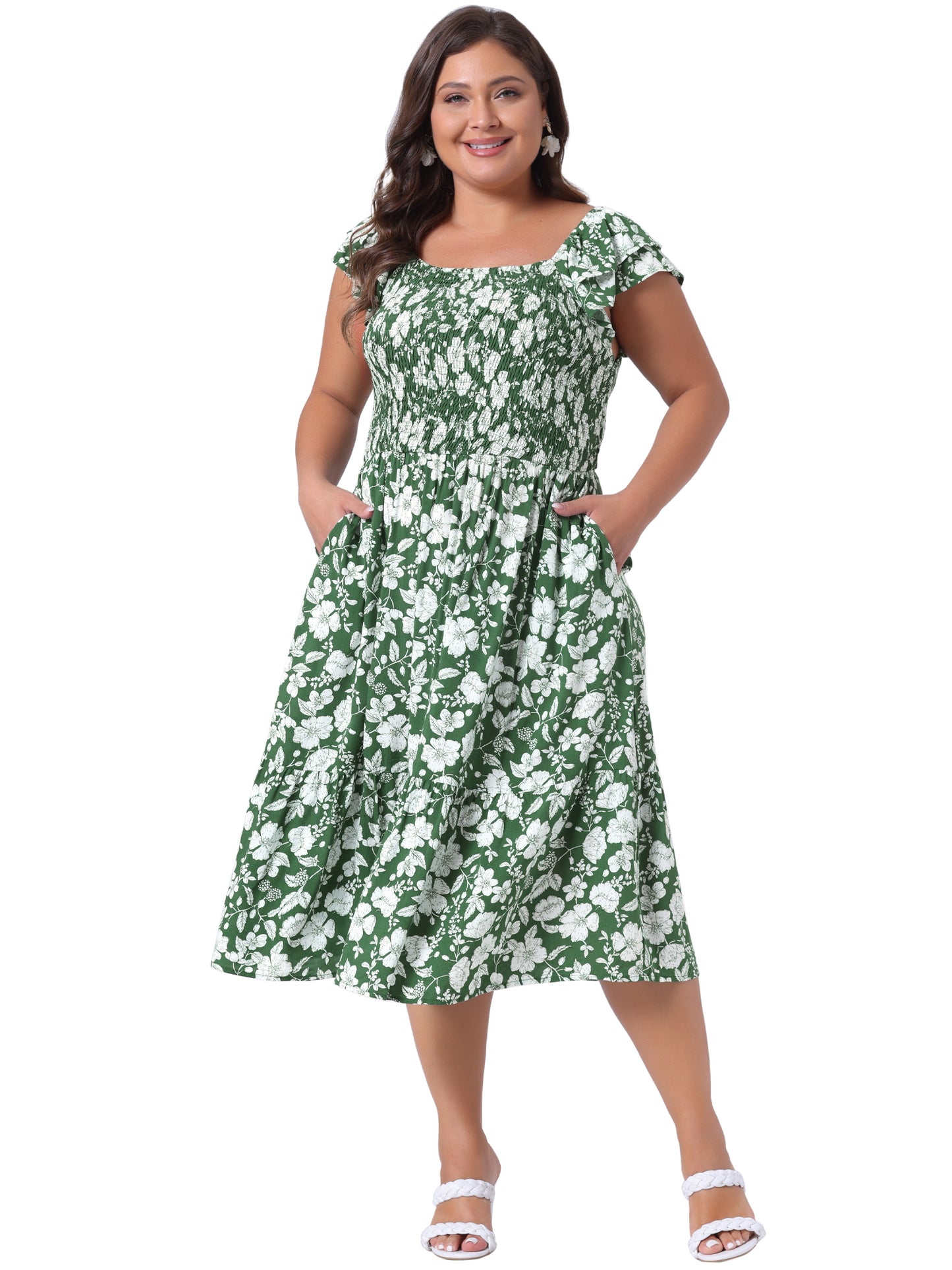 Women's Plus Size Dresses Square Neck Flutter Sleeve Smocked High Waist Flowy Summer Midi Dress