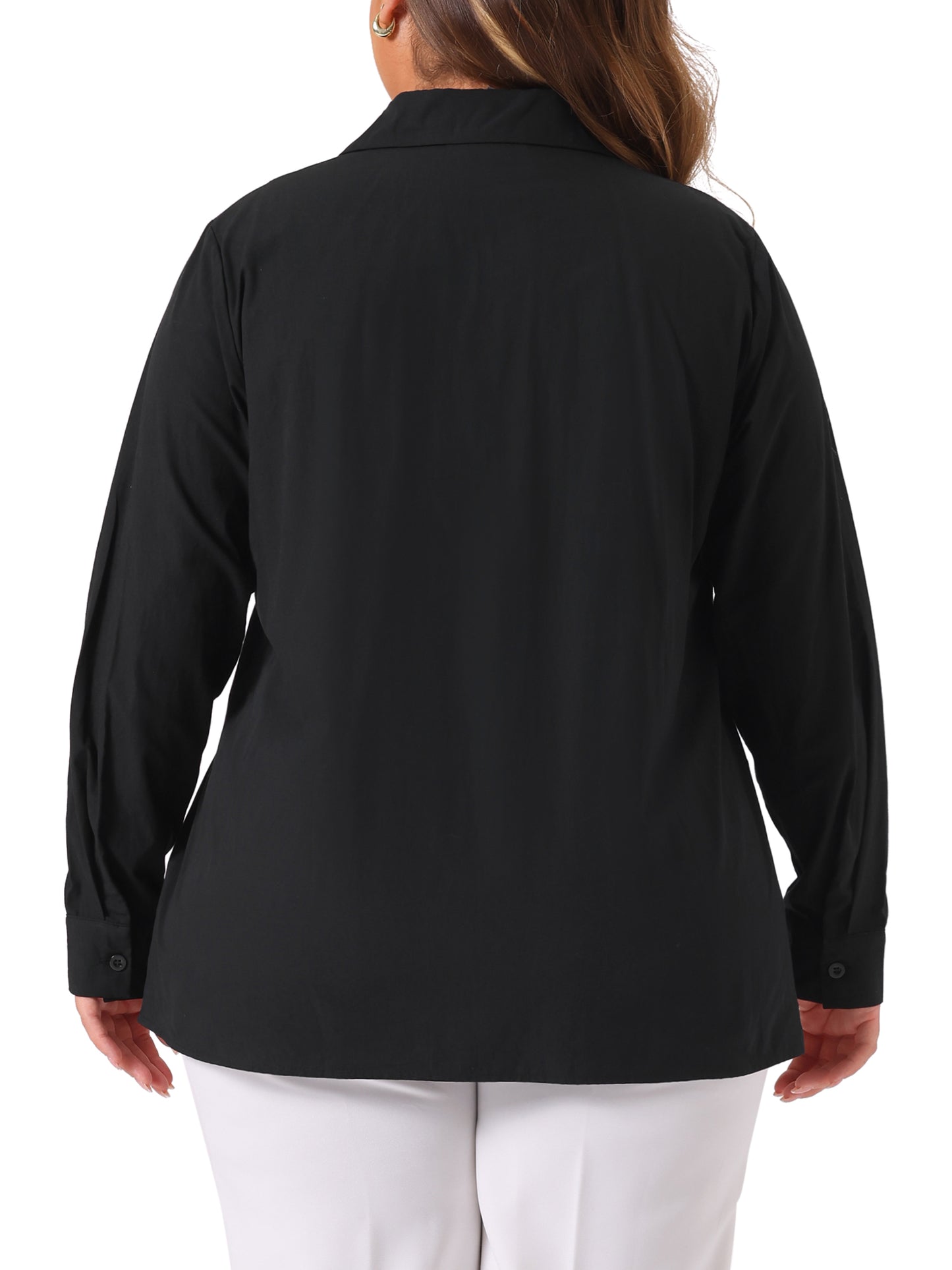 Women Plus Size Button Down Cotton Stand Collar Long Sleeve Formal Solid Work Shirt Top