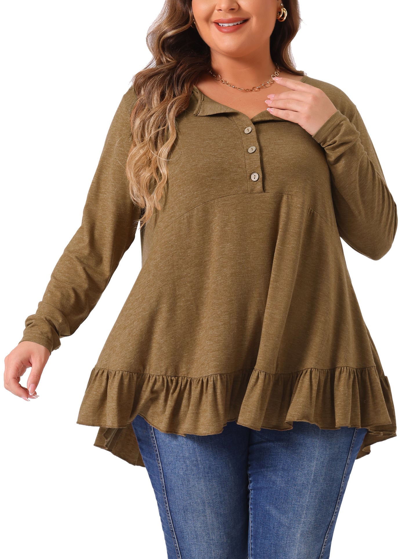 Women Plus Size Tunic Tops Button Henley V Neck Long Sleeve Ruffled Hem Swing Flowy Blouses
