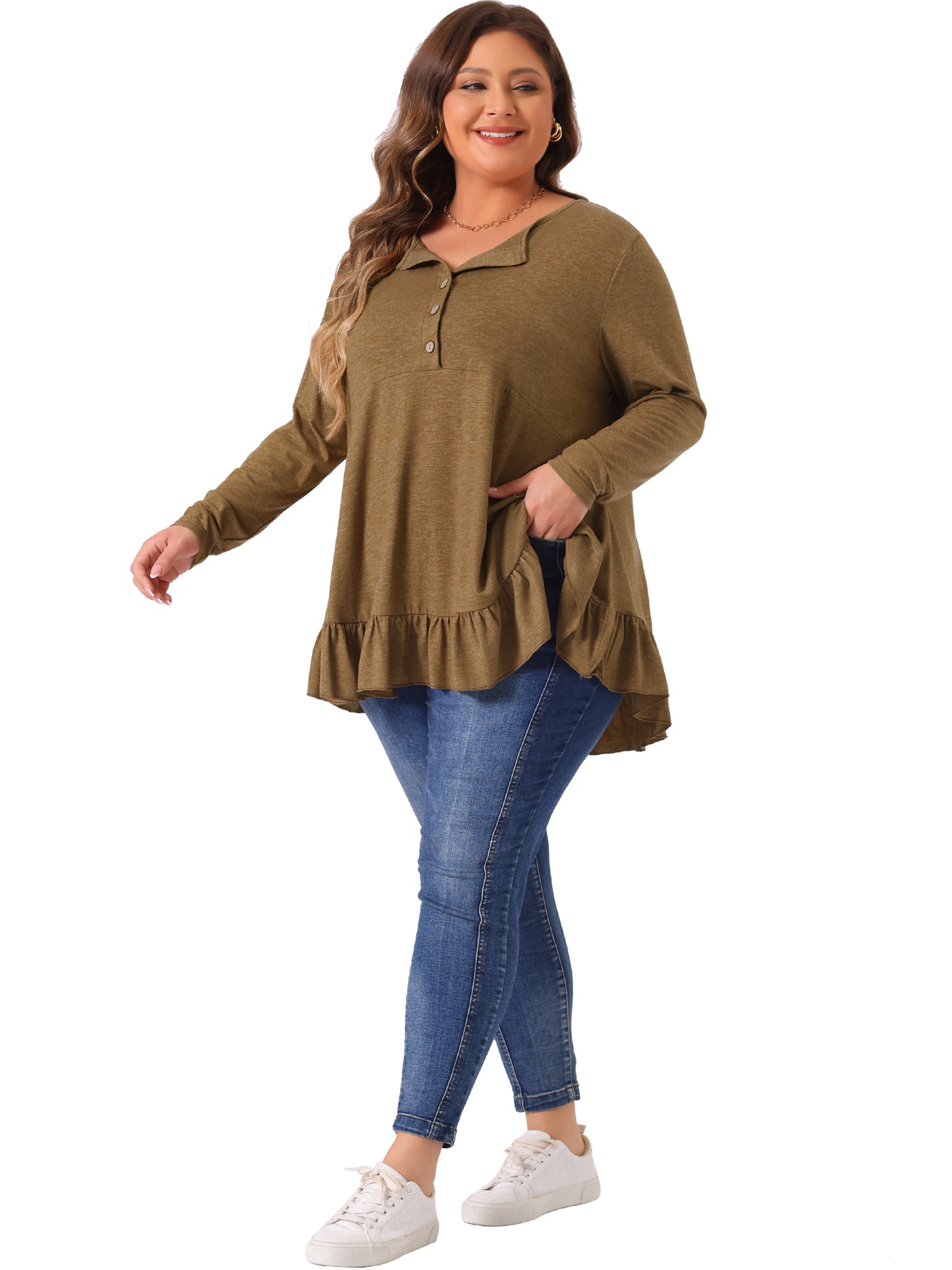 Women Plus Size Tunic Tops Button Henley V Neck Long Sleeve Ruffled Hem Swing Flowy Blouses