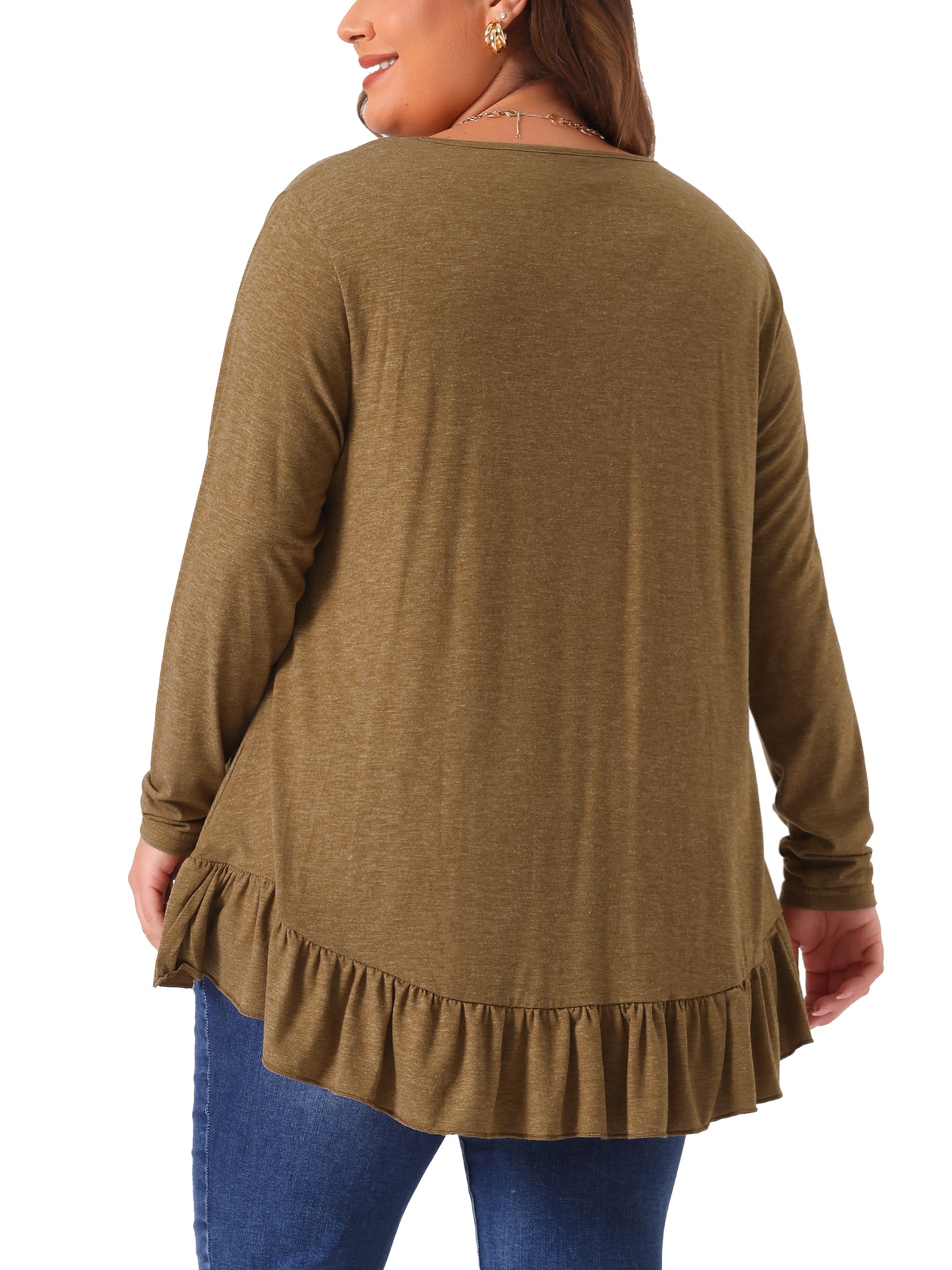 Women Plus Size Tunic Tops Button Henley V Neck Long Sleeve Ruffled Hem Swing Flowy Blouses