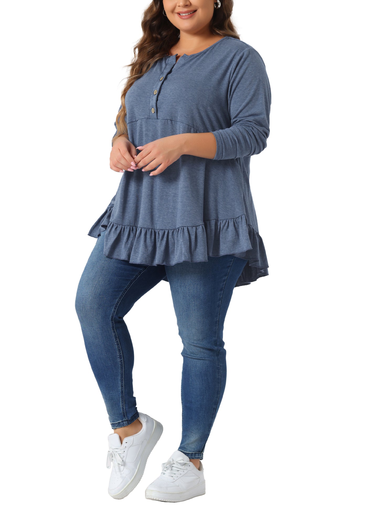 Women Plus Size Tunic Tops Button Henley V Neck Long Sleeve Ruffled Hem Swing Flowy Blouses