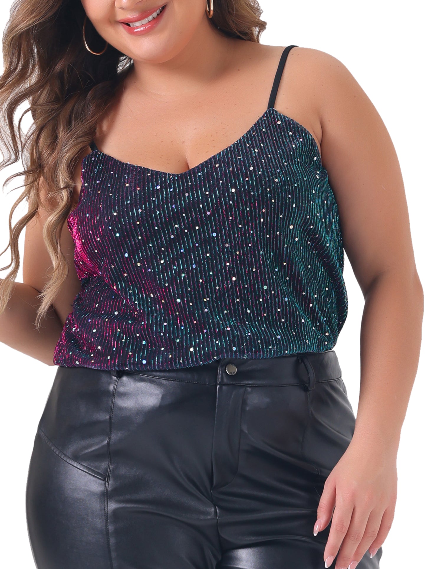 Women Plus Size Sequin Sparkle Glitter Cami Sleeveless Gradient Party Camisole Tank Top