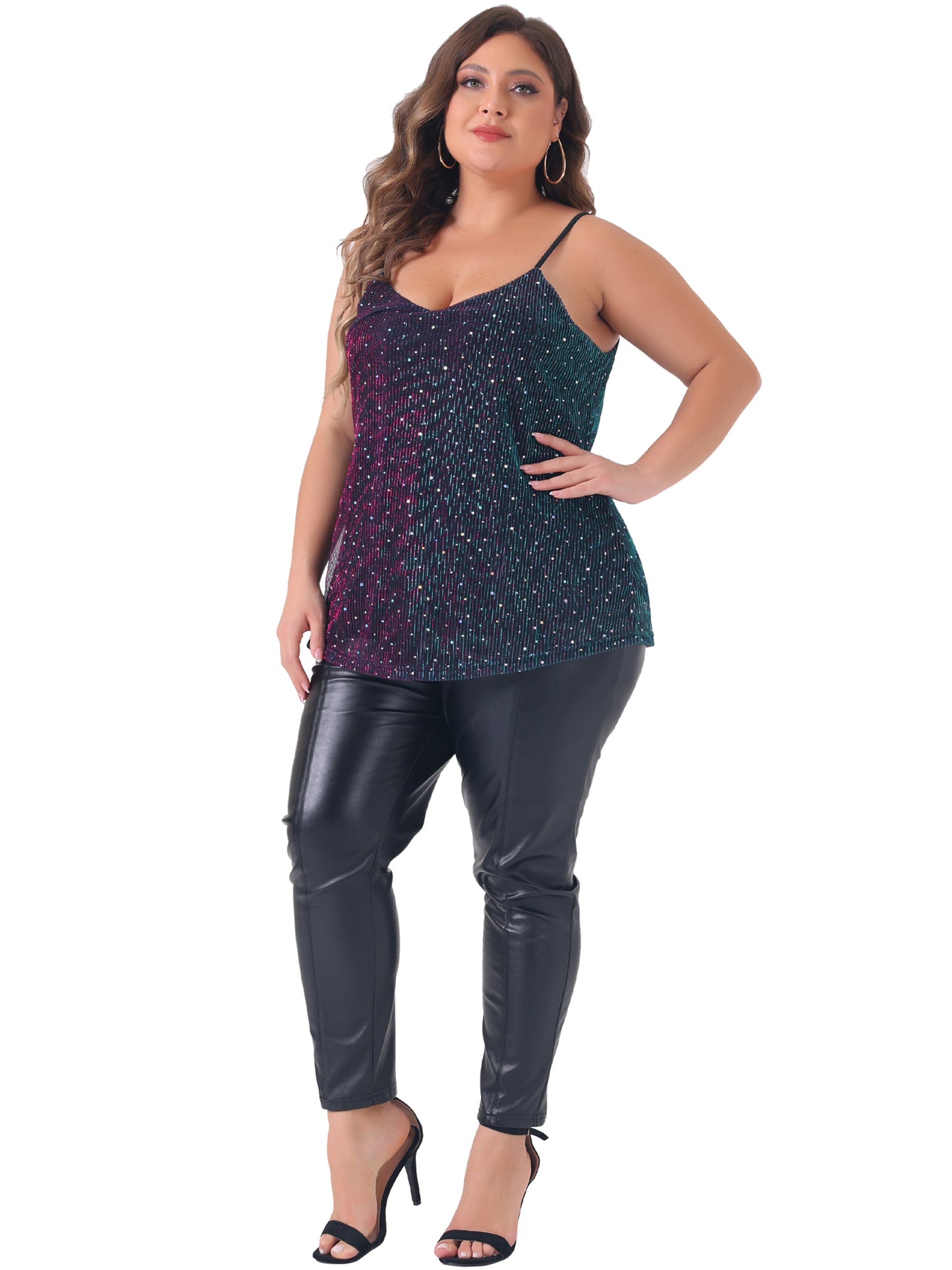 Women Plus Size Sequin Sparkle Glitter Cami Sleeveless Gradient Party Camisole Tank Top