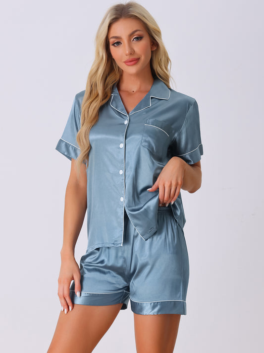 Women's Satin Pajamas Sleepshirt Button Down Top with Shorts Silky Lounge Set