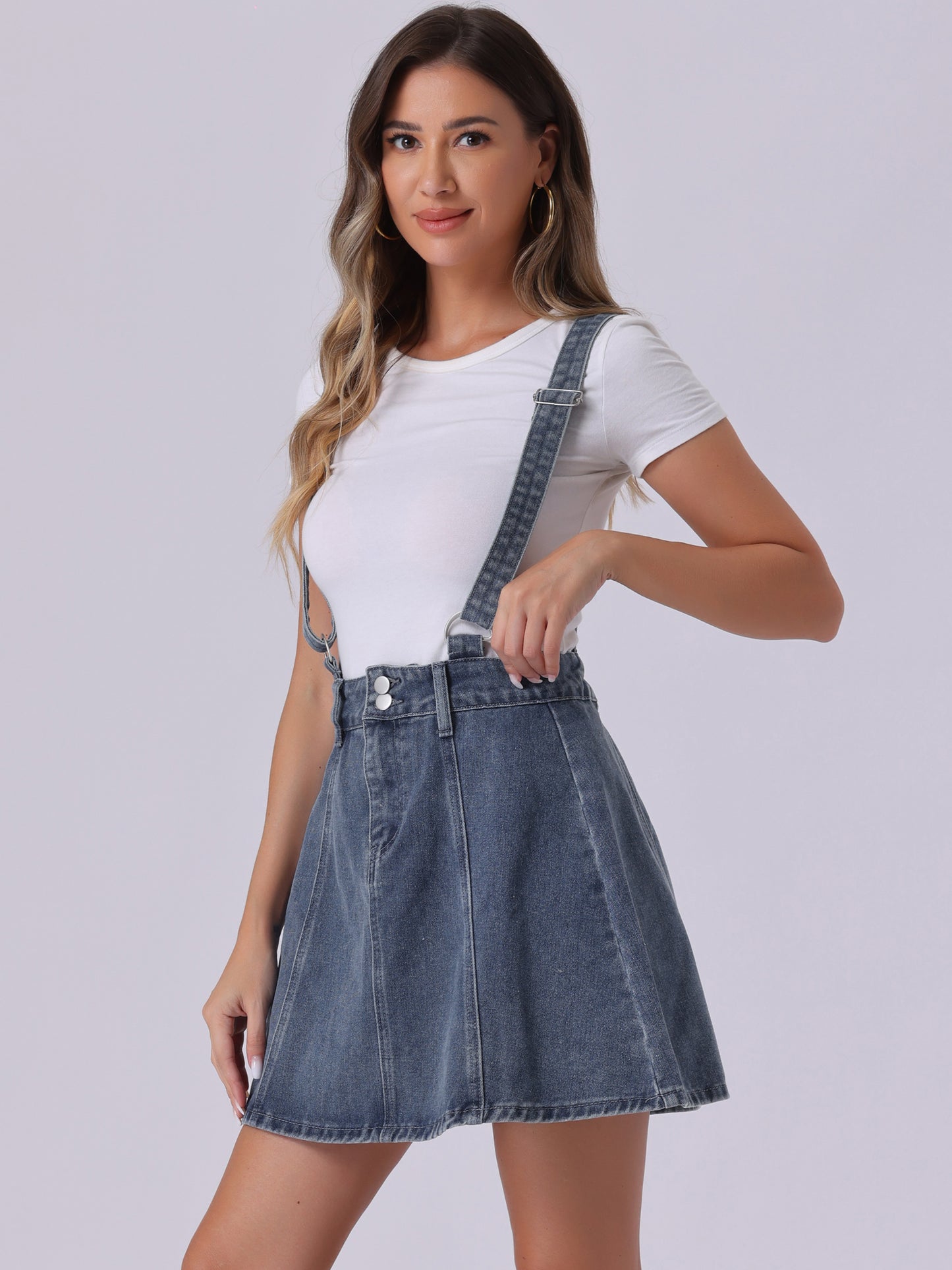Women's Denim Skirt Overall Adjustable Strap Braces Mini Suspender Washed Jean Skirt