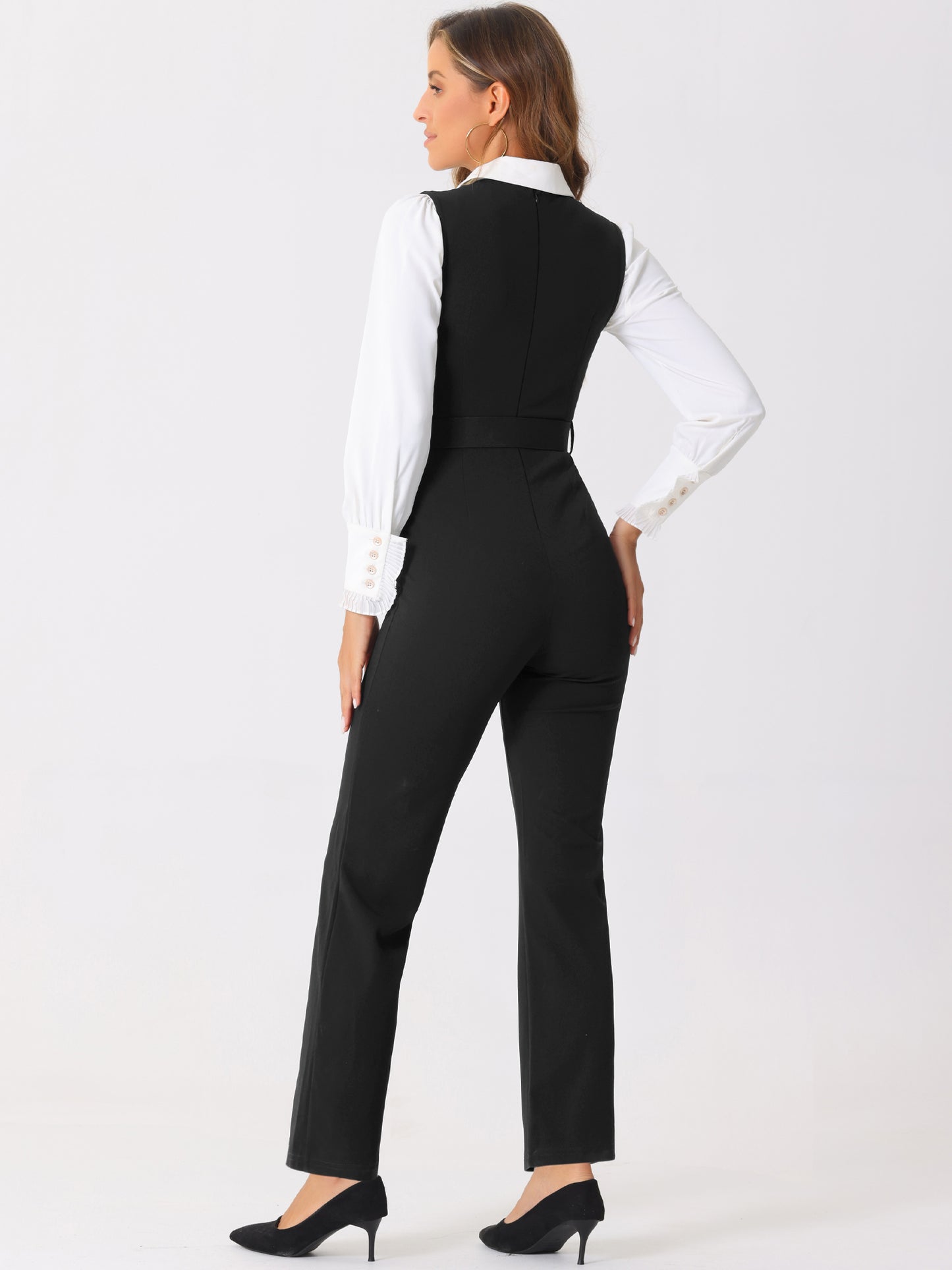 Women's Work Office Overalls High Waisted Belted Sleeveless Long Suspenders Jumpsuit