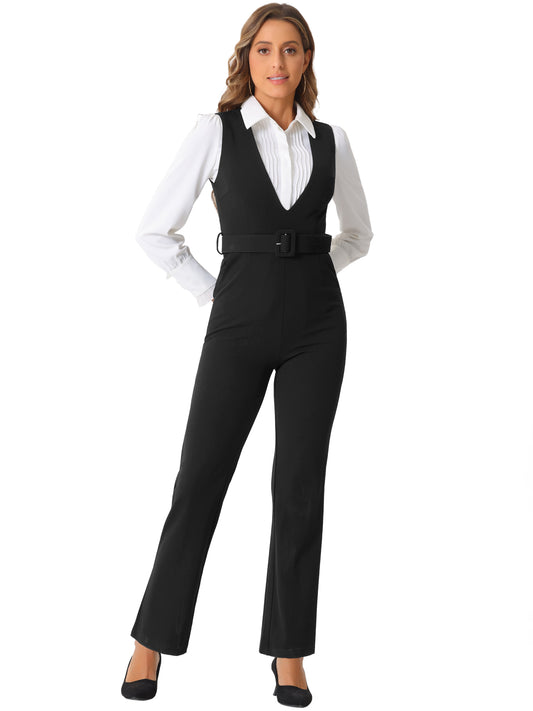 Women's Work Office Overalls High Waisted Belted Sleeveless Long Suspenders Jumpsuit