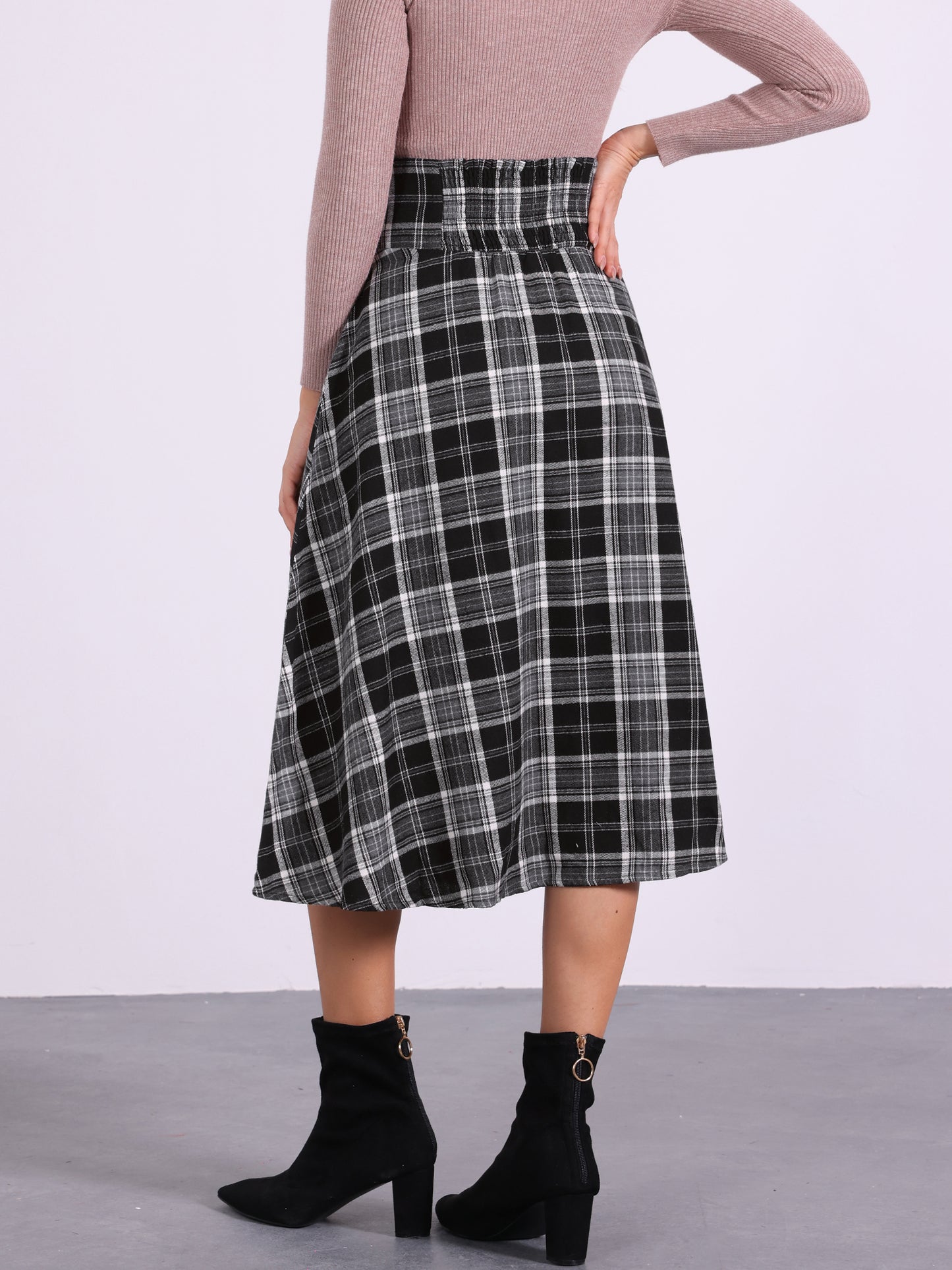 Falda a cuadros vintage para mujer, cintura alta elástica, corte A, midi, para otoño e invierno