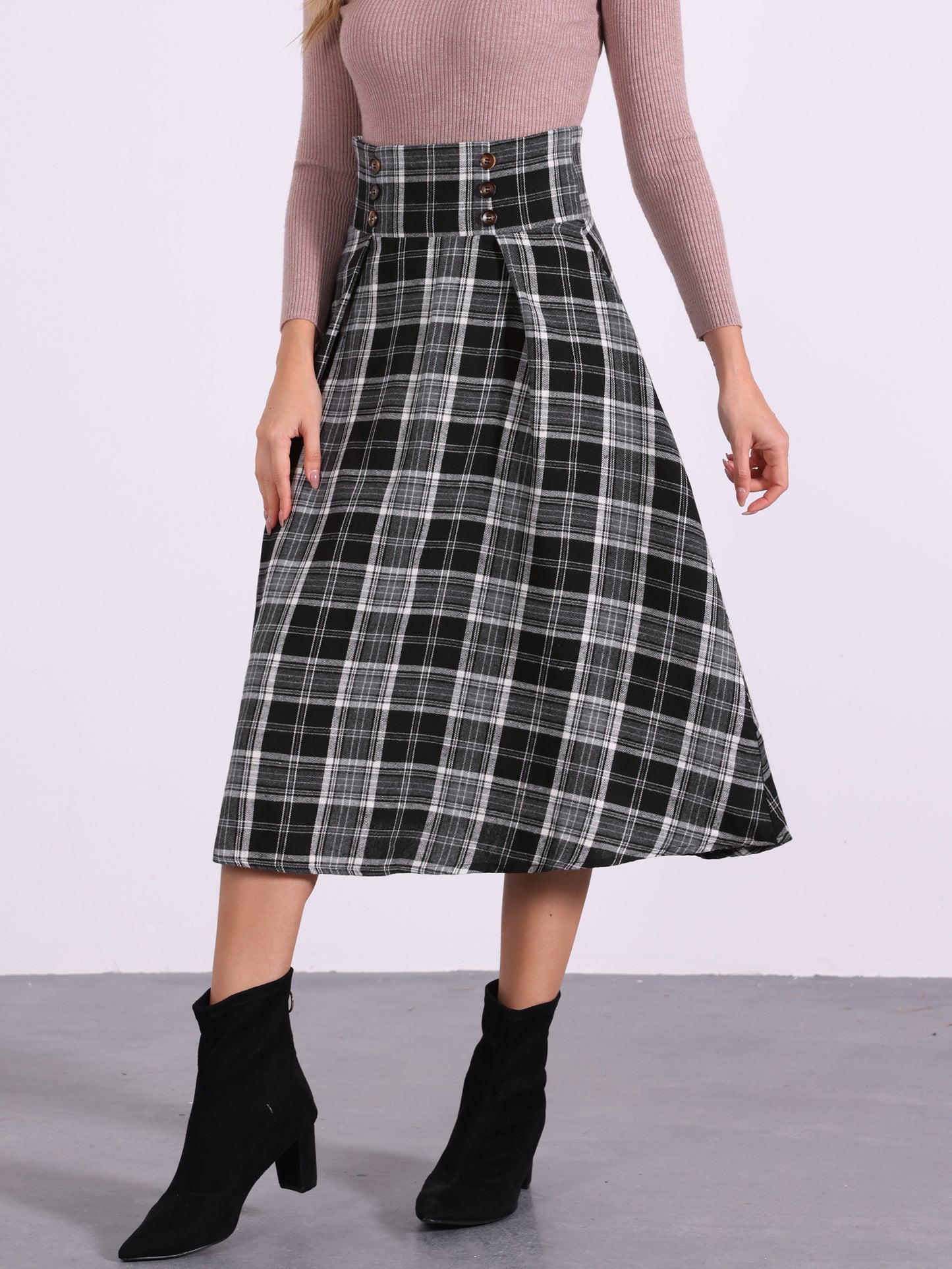 Falda a cuadros vintage para mujer, cintura alta elástica, corte A, midi, para otoño e invierno