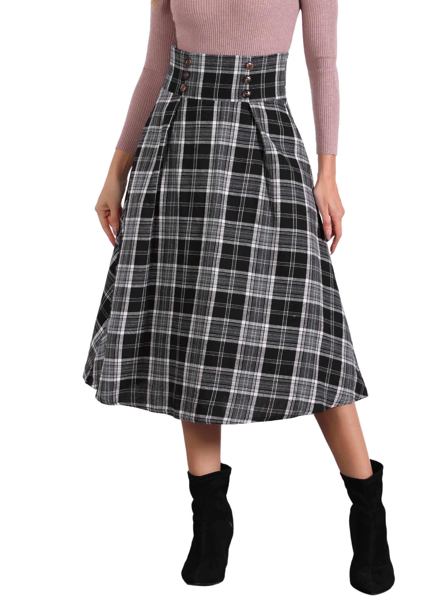 Falda a cuadros vintage para mujer, cintura alta elástica, corte A, midi, para otoño e invierno