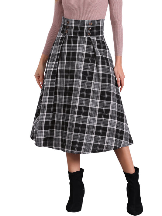 Falda a cuadros vintage para mujer, cintura alta elástica, corte A, midi, para otoño e invierno