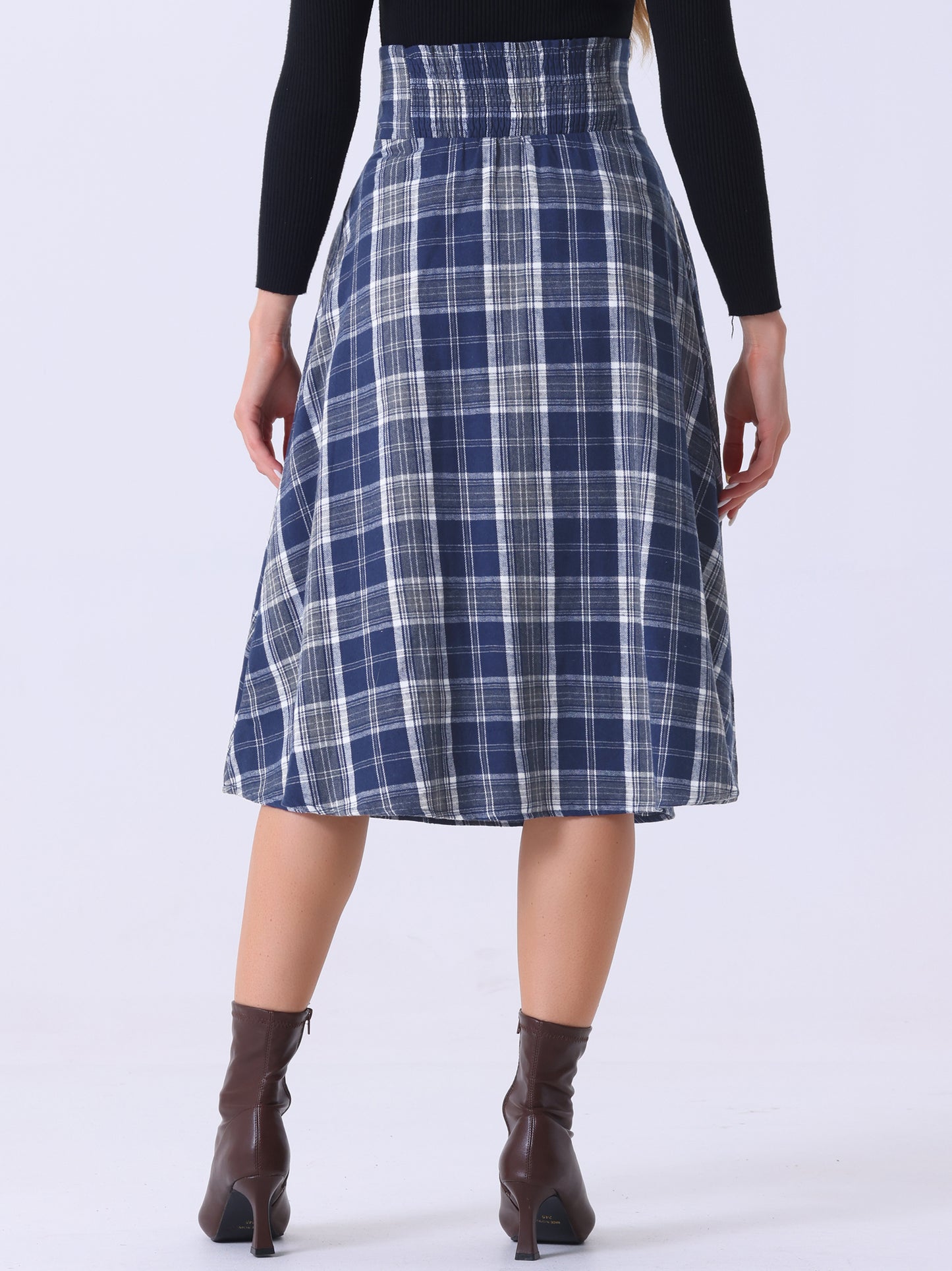 Falda a cuadros vintage para mujer, cintura alta elástica, corte A, midi, para otoño e invierno