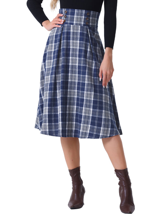 Falda a cuadros vintage para mujer, cintura alta elástica, corte A, midi, para otoño e invierno