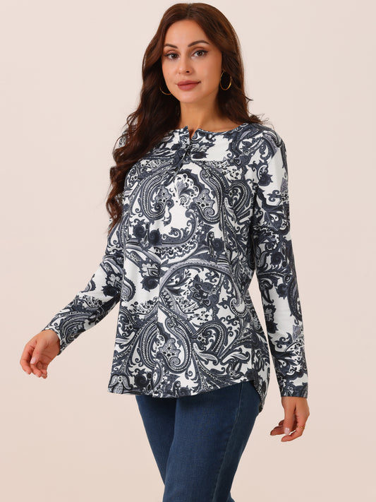 Women's Loose Fit Tunic Tops Long Sleeve Casual Floral Printed Henley V Neck Shirt