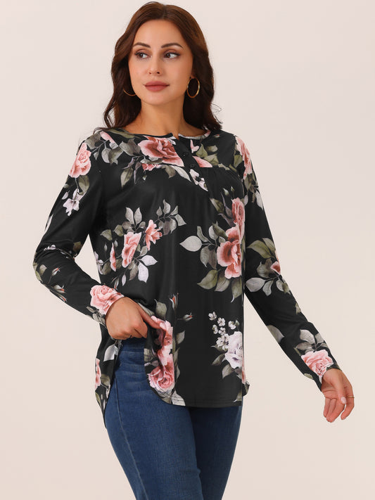 Women's Loose Fit Tunic Tops Long Sleeve Casual Floral Printed Henley V Neck Shirt
