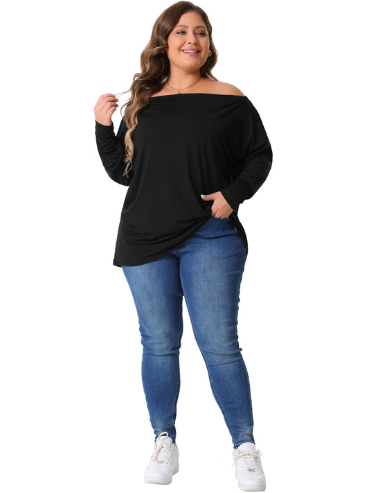 Women Plus Size Tops One Shoulder Long Sleeve Basic Blouses Dolman Tee T-Shirt
