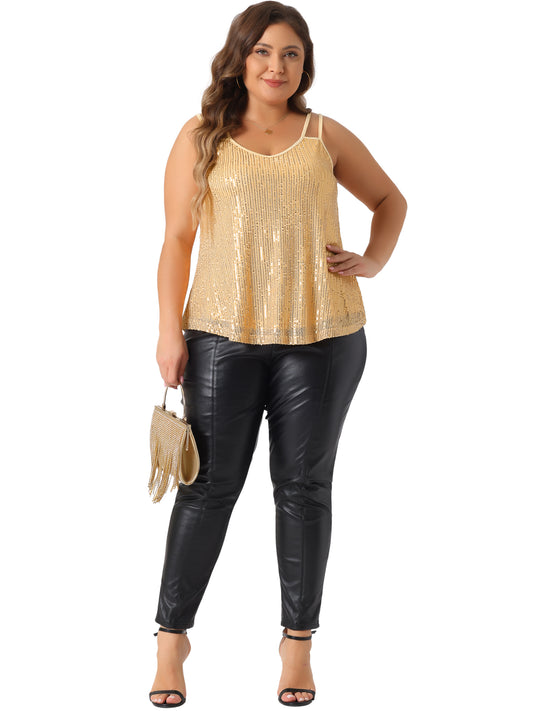 Women Plus Size Sequin Tops Metallic Sparkle Sleeveless Spaghetti Strap Cami Party Tank Top