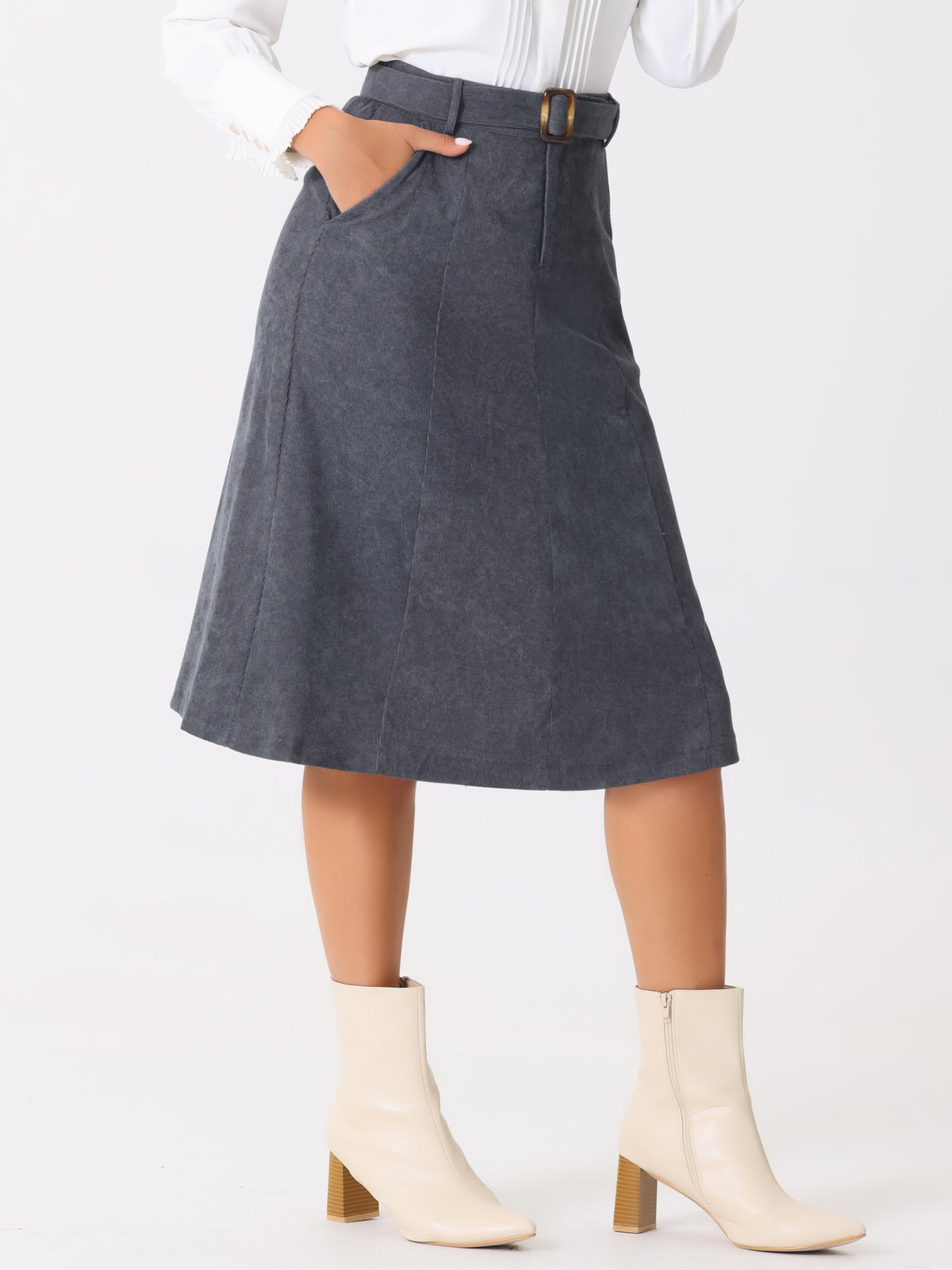 Falda midi de pana con cintura alta, espalda elástica y cinturón para mujer, para invierno y otoño