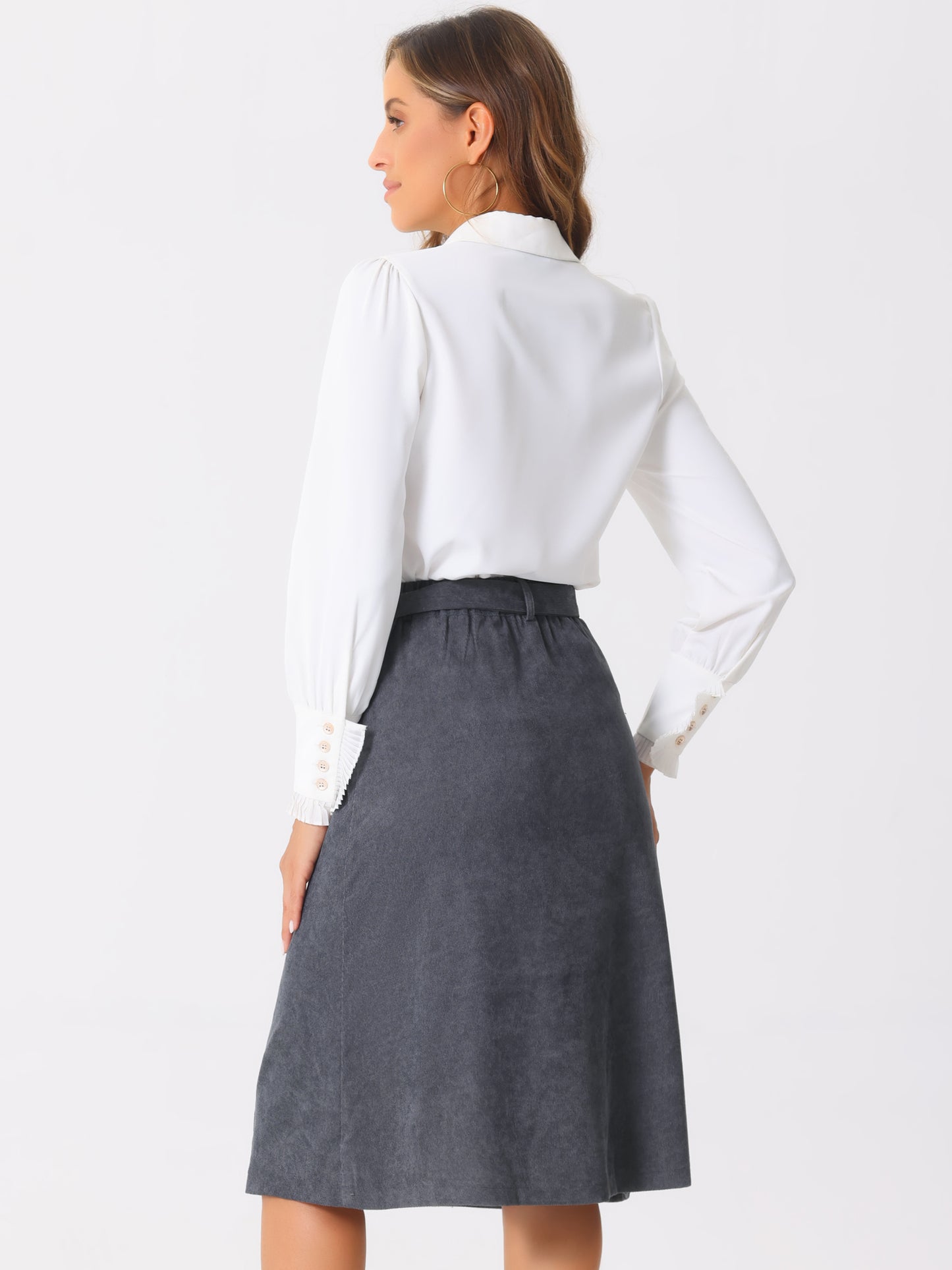 Falda midi de pana con cintura alta, espalda elástica y cinturón para mujer, para invierno y otoño