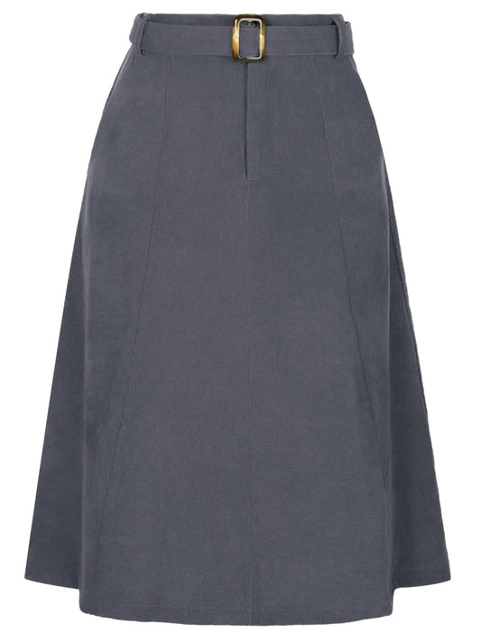 Women's High Waist Elastic Back A-Line Belted Winter Fall Midi Corduroy Skirt