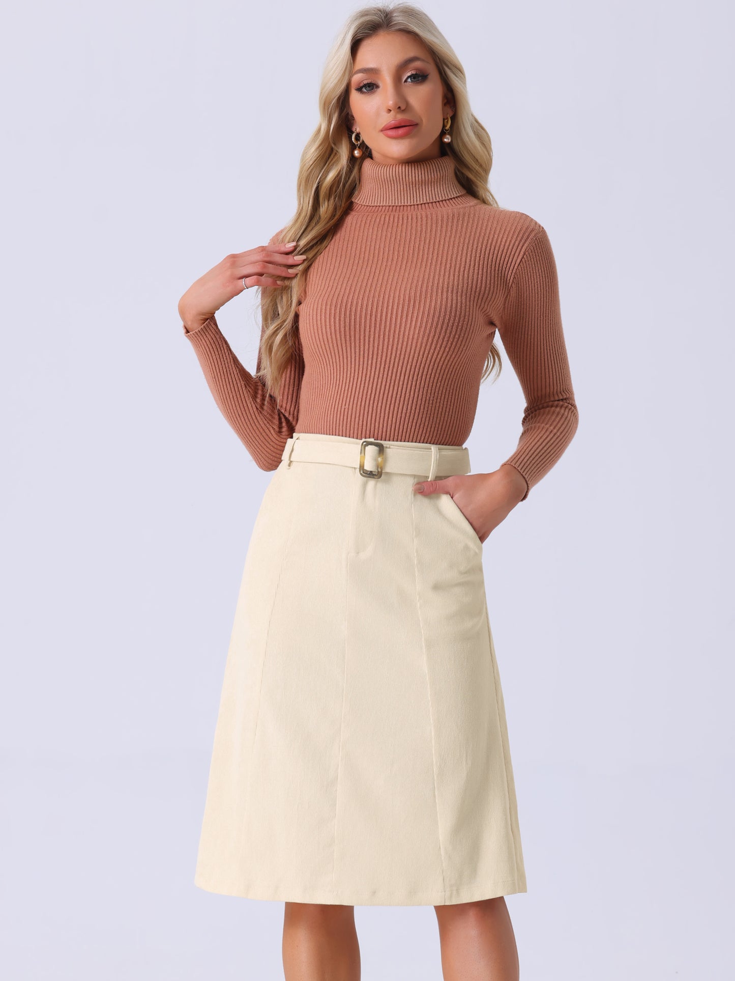 Women's High Waist Elastic Back A-Line Belted Winter Fall Midi Corduroy Skirt