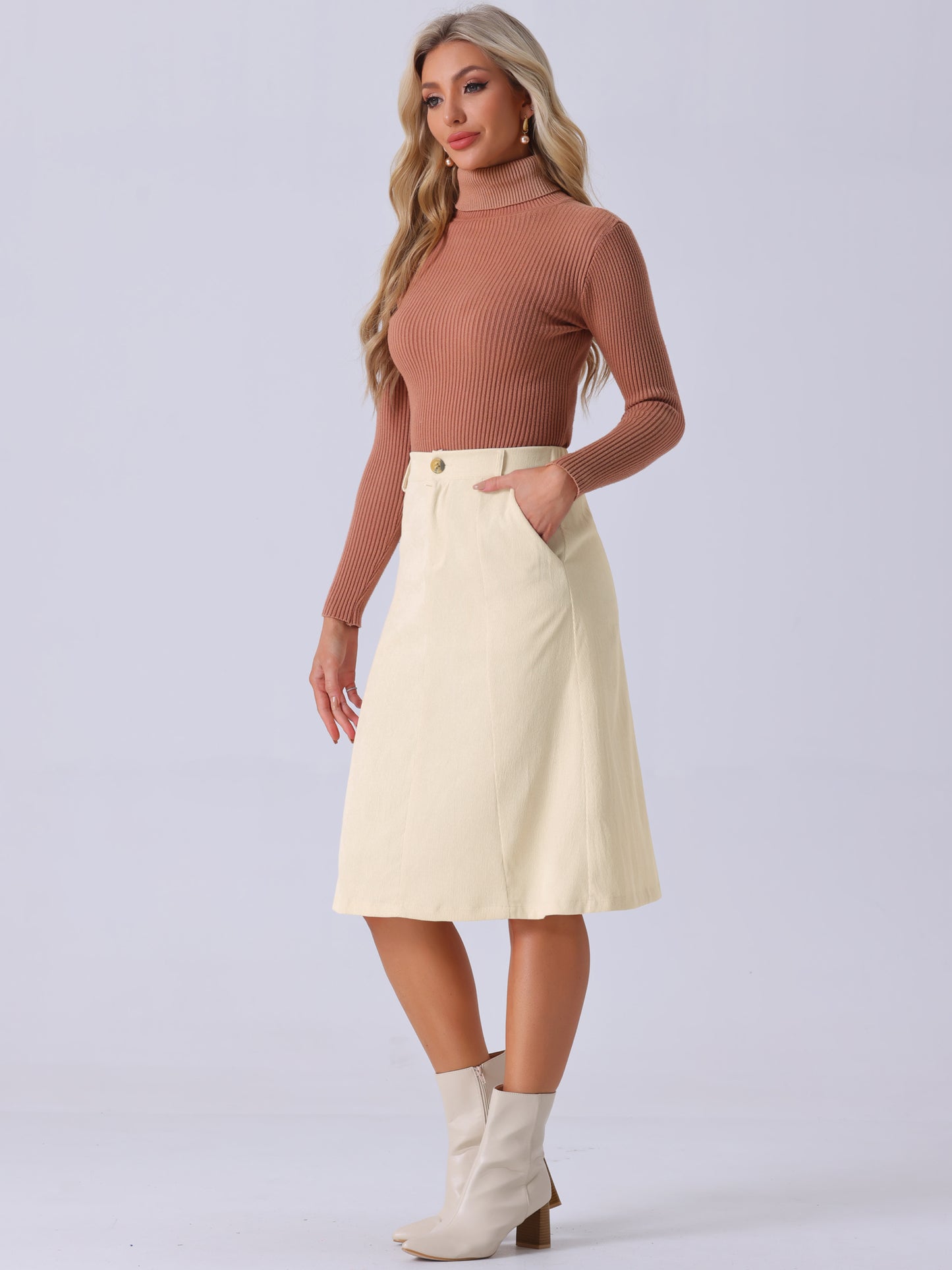 Women's High Waist Elastic Back A-Line Belted Winter Fall Midi Corduroy Skirt