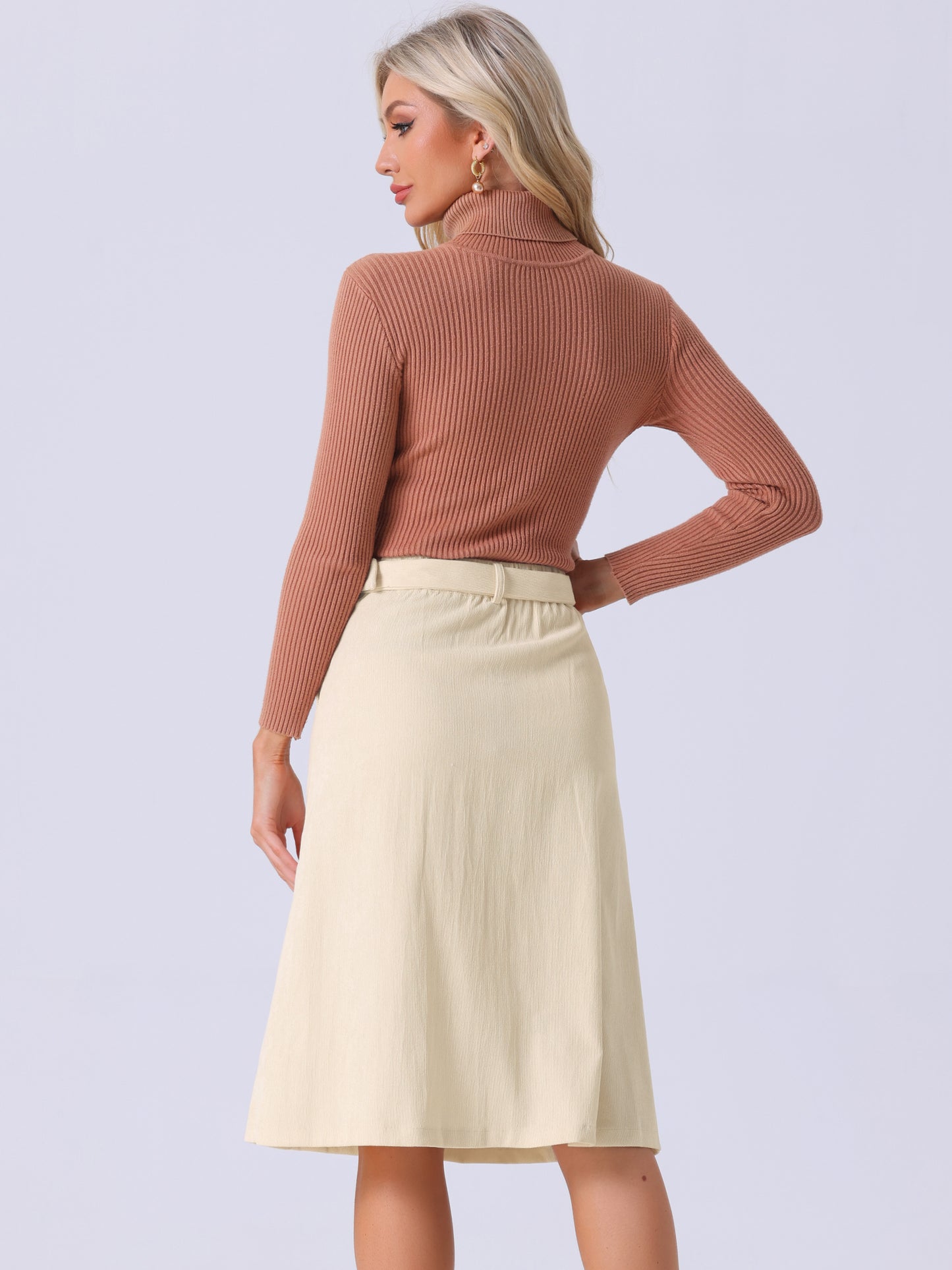 Women's High Waist Elastic Back A-Line Belted Winter Fall Midi Corduroy Skirt