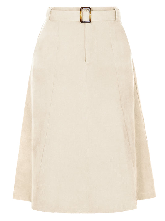 Women's High Waist Elastic Back A-Line Belted Winter Fall Midi Corduroy Skirt
