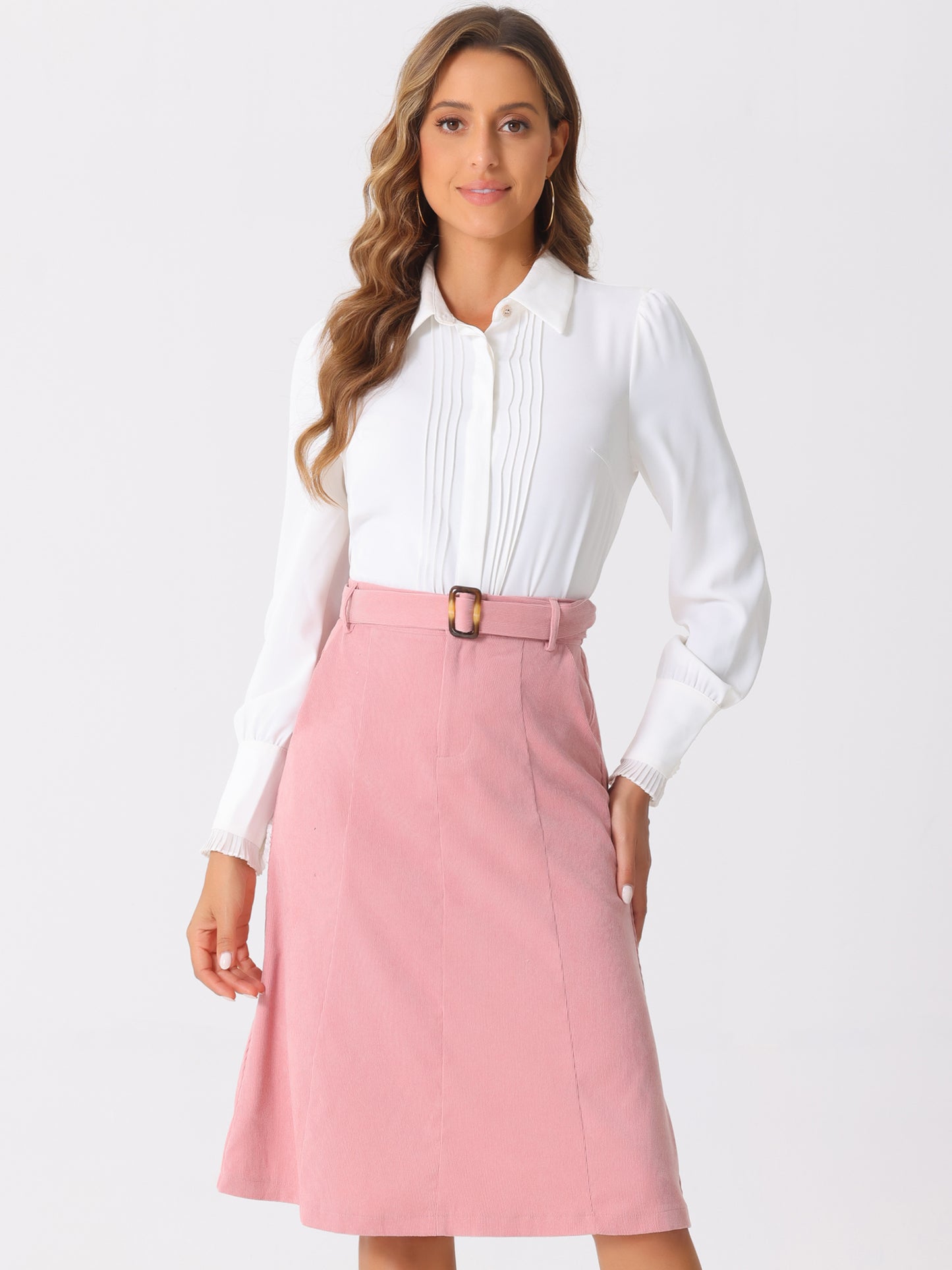 Women's High Waist Elastic Back A-Line Belted Winter Fall Midi Corduroy Skirt