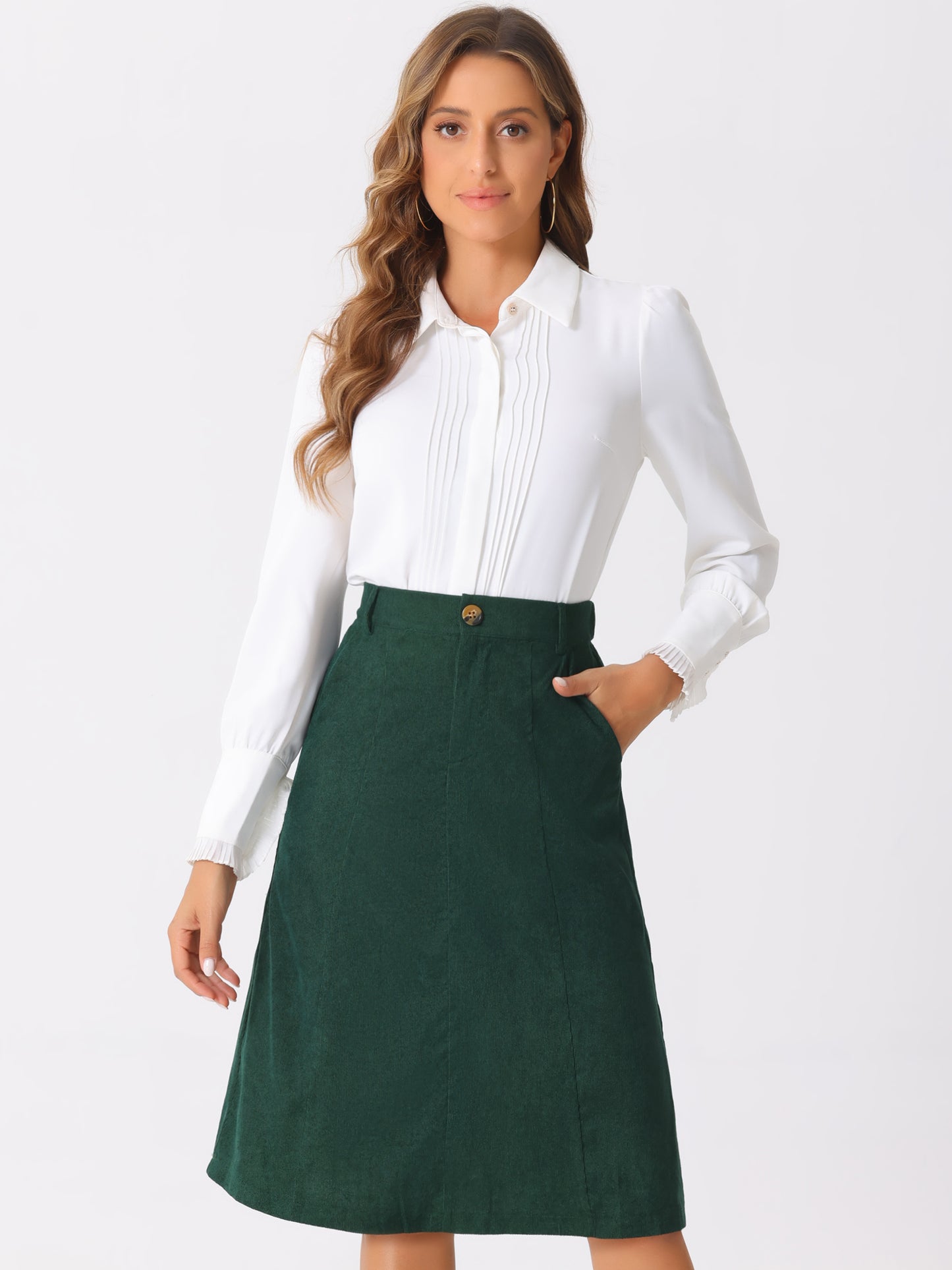 Women's High Waist Elastic Back A-Line Belted Winter Fall Midi Corduroy Skirt