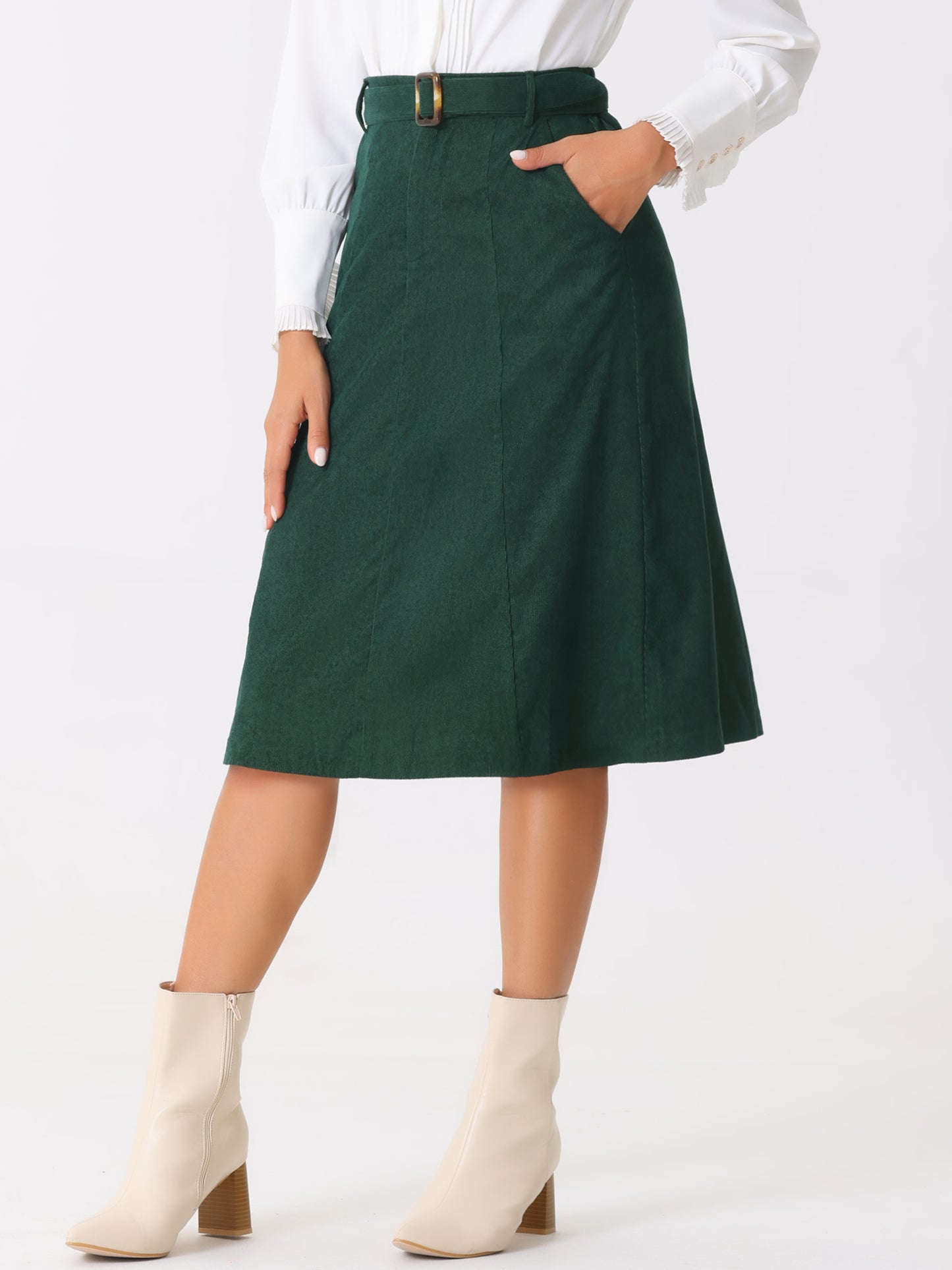 Women's High Waist Elastic Back A-Line Belted Winter Fall Midi Corduroy Skirt