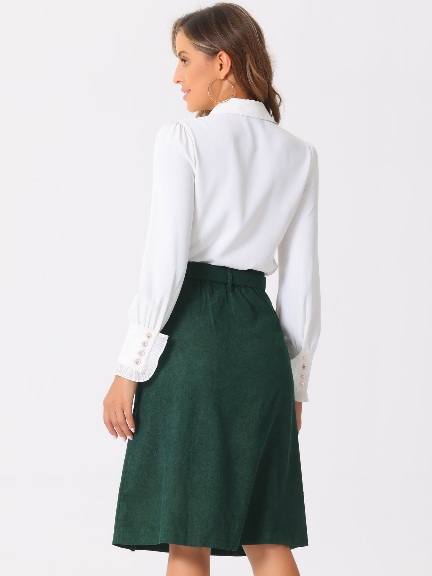 Women's High Waist Elastic Back A-Line Belted Winter Fall Midi Corduroy Skirt