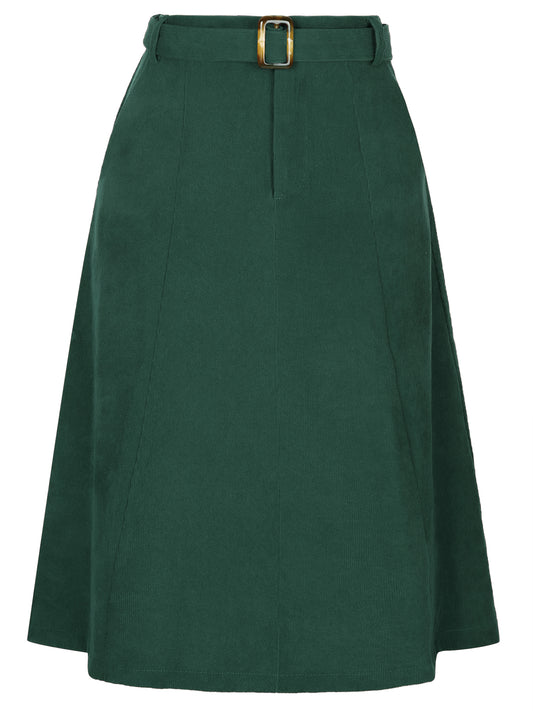 Women's High Waist Elastic Back A-Line Belted Winter Fall Midi Corduroy Skirt