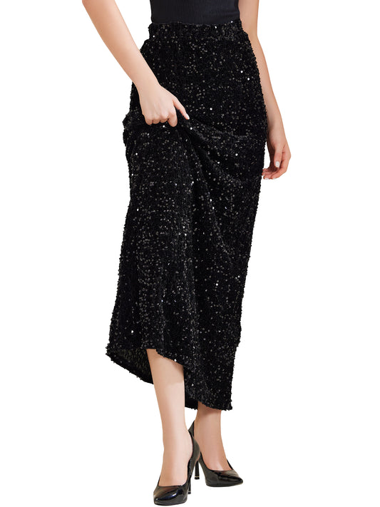 Women's Sequin Velvet Elastic Waist Sparkle Party Maxi Skirt