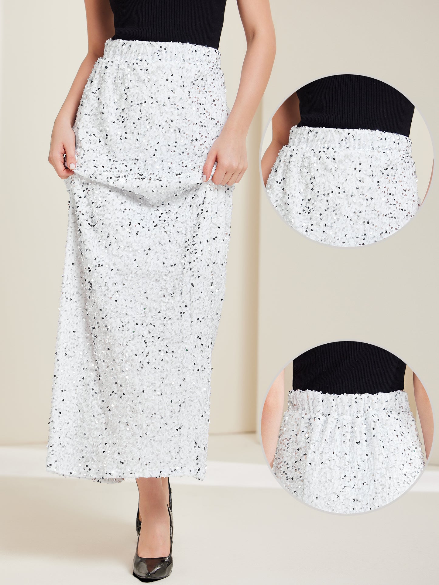 Falda larga de fiesta con lentejuelas y cintura elástica de terciopelo para mujer
