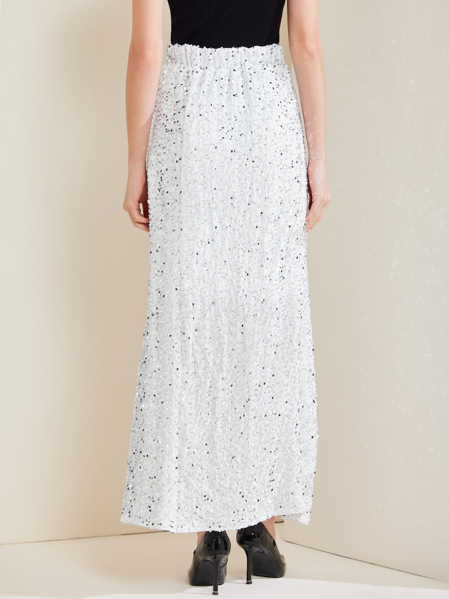 Falda larga de fiesta con lentejuelas y cintura elástica de terciopelo para mujer