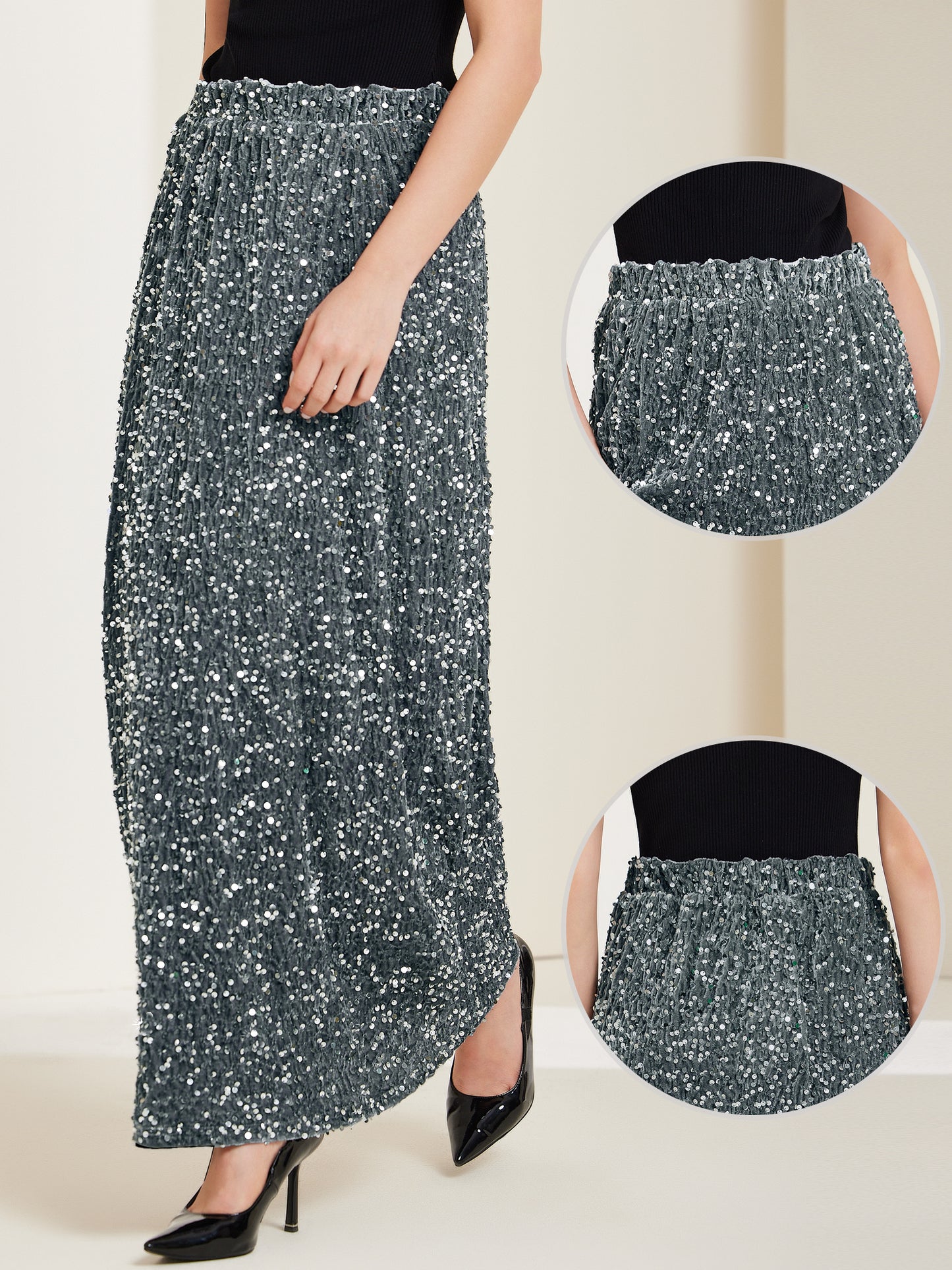 Women's Sequin Velvet Elastic Waist Sparkle Party Maxi Skirt