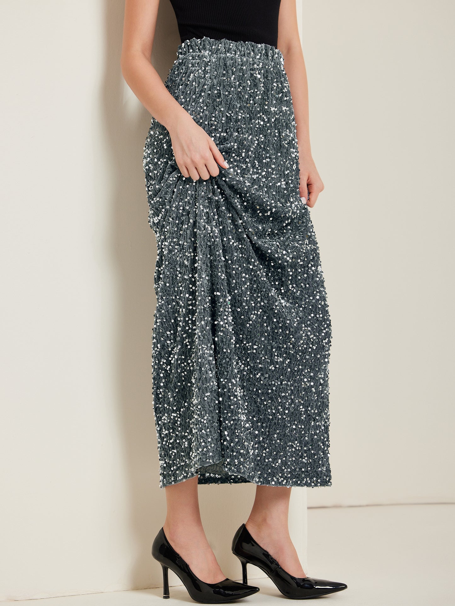 Women's Sequin Velvet Elastic Waist Sparkle Party Maxi Skirt