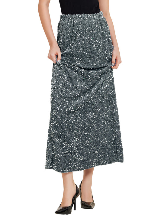 Women's Sequin Velvet Elastic Waist Sparkle Party Maxi Skirt