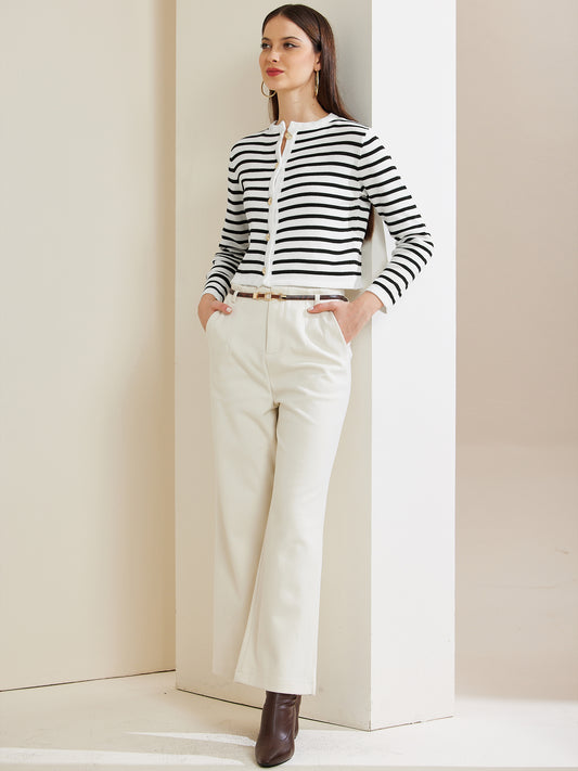 Women Knit Cardigans Round Neck Stripes Button Down Striped Cardigan Sweaters