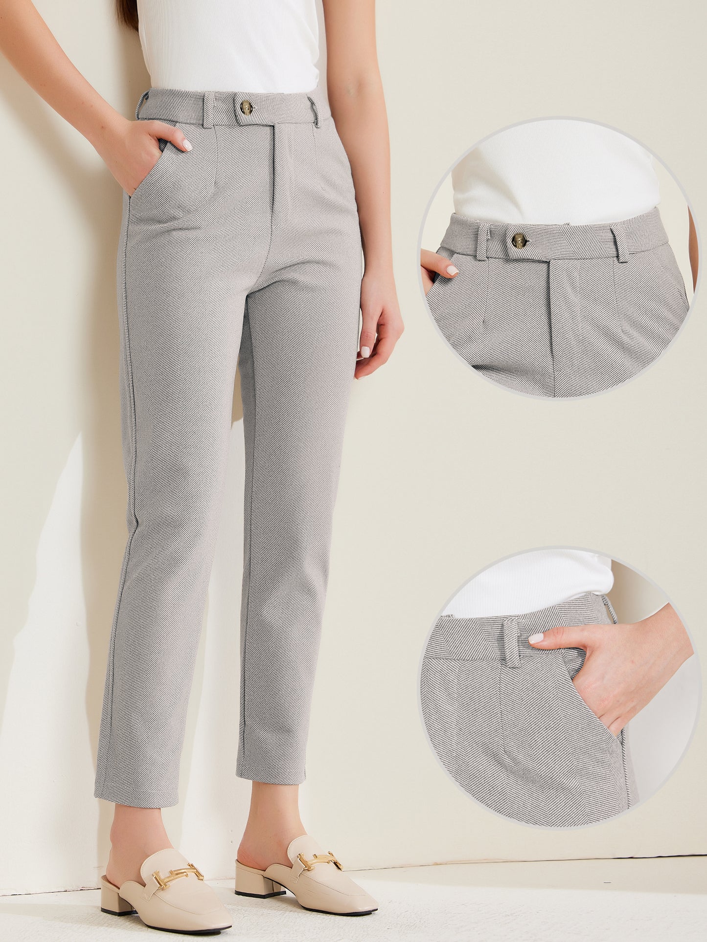 Women Baggy Straight Pants Casual Button Down High Waist Cropped Pants with Pockets