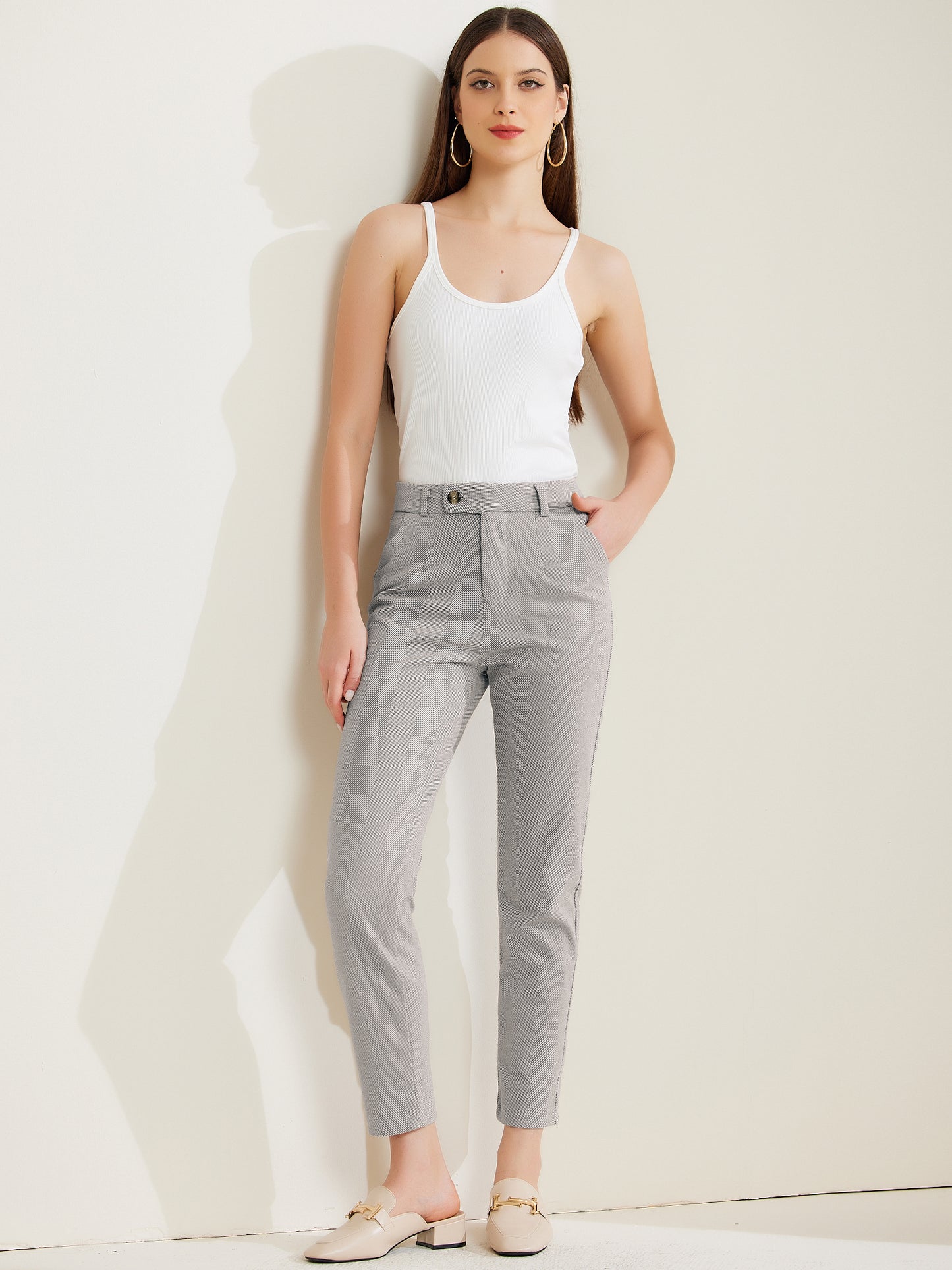 Women Baggy Straight Pants Casual Button Down High Waist Cropped Pants with Pockets