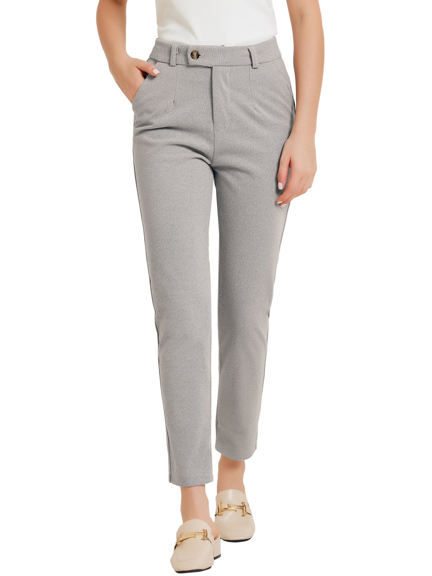 Women Baggy Straight Pants Casual Button Down High Waist Cropped Pants with Pockets