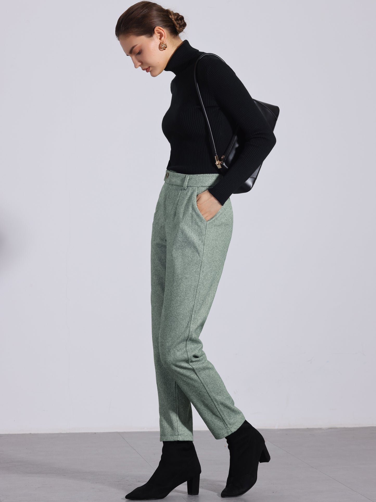 Women Baggy Straight Pants Casual Button Down High Waist Cropped Pants with Pockets