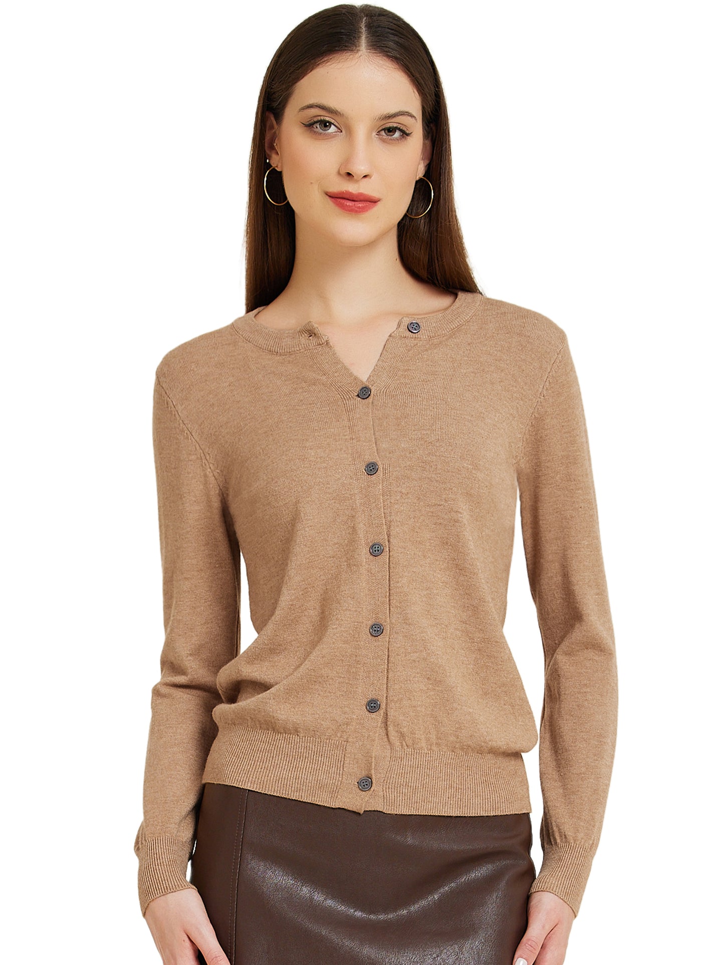 Women's Lightweight Button Cardigan Crewneck Long Sleeve Sweaters