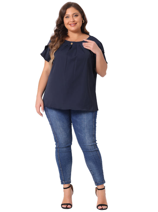 Women Plus Size Work Top Round Neck Pleated Tulip Sleeves Blouse Summer Top