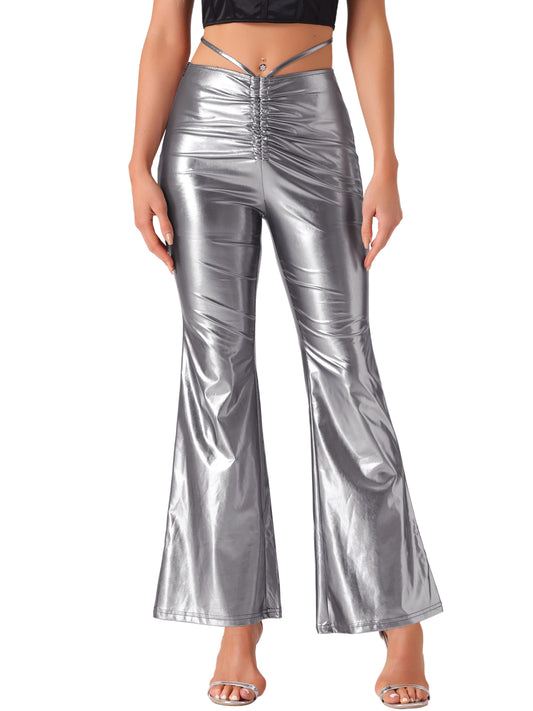 Women's Drawstring Metallic Wide Leg Pants Retro Partywear